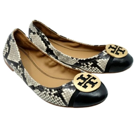 TORY BURCH~Minnie Cap Toe~BALLET FLAT~BLACK LEATHER PYTHON SNAKESKIN~7M - Picture 3 of 6